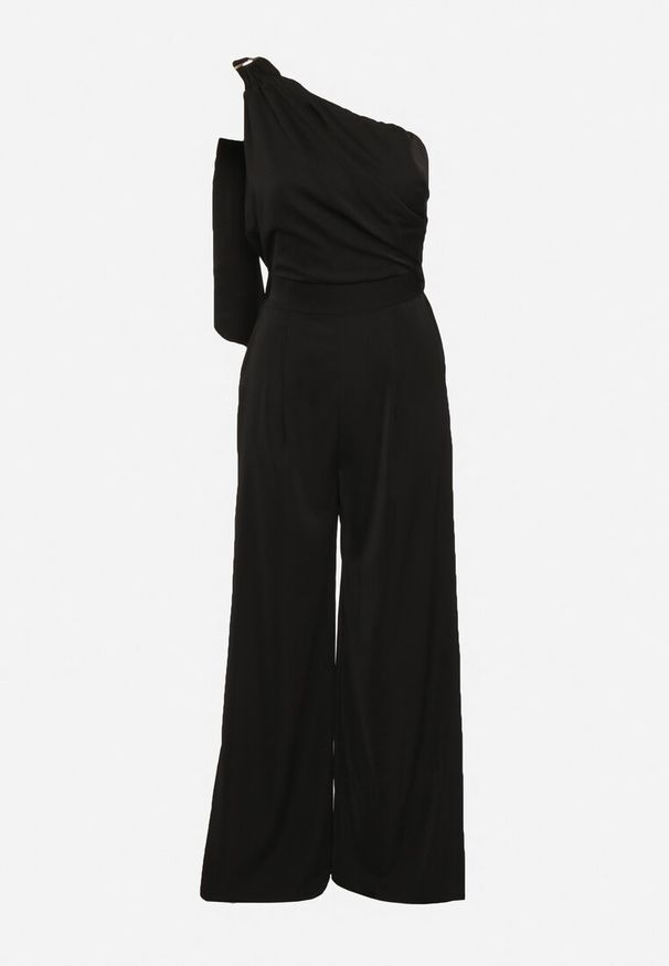 Born2be - Czarny Kombinezon Asymetryczny na Jedno Ramię z Dwoma Kieszeniami Benama. Okazja: na randkę, na imprezę, na wesele, na ślub cywilny. Kolor: czarny