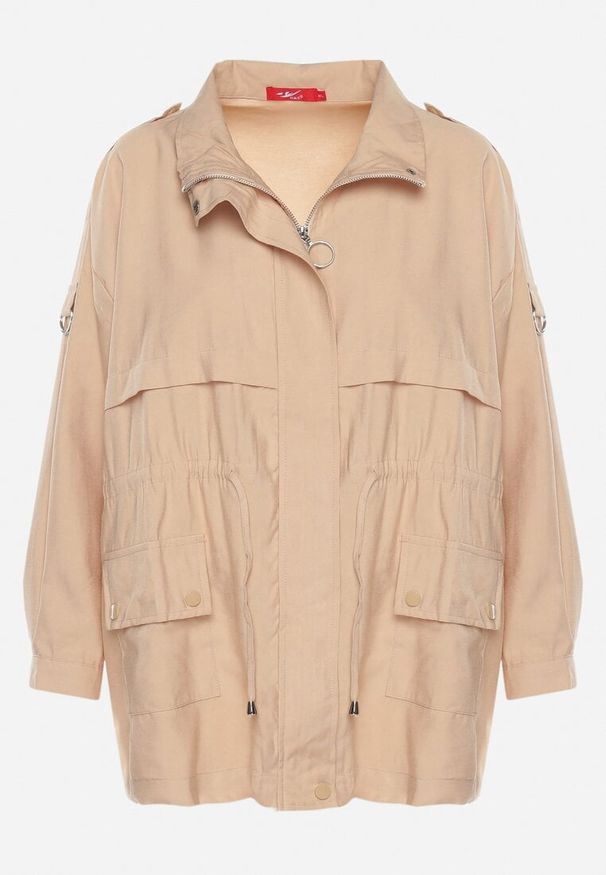 Born2be - Ciemnobeżowa Kurtka Parka z Bawełną Ściągana w Pasie Troczkiem Zapinana na Napy Velethra. Kolor: beżowy. Materiał: bawełna