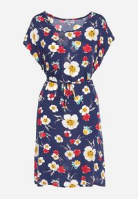 Born2be - Granatowa Wiskozowa Sukienka w Kwiaty z Materiałowym Paskiem w Talii Risse. Kolekcja: plus size. Kolor: niebieski. Materiał: materiał, wiskoza. Wzór: kwiaty. Sezon: lato. Typ sukienki: proste, dla puszystych. Styl: elegancki #5