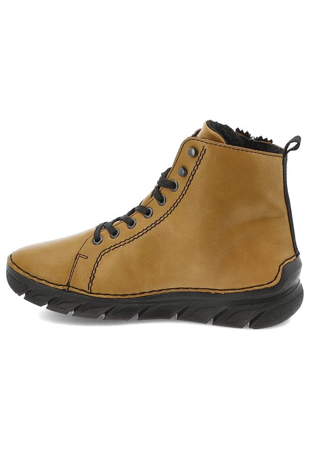 Botki damskie Rieker, za kostkę na platformie z okrągłym noskiem ocieplane i na zamek, żółte, 55024-68. Okazja: na co dzień. Nosek buta: okrągły. Zapięcie: zamek, sznurówki. Kolor: żółty. Szerokość cholewki: normalna. Wysokość cholewki: za kostkę. Materiał: materiał, skóra ekologiczna. Obcas: na platformie. Styl: casual, sportowy