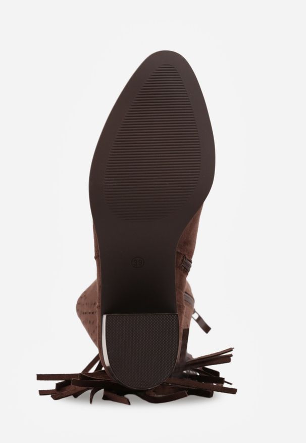 Born2be - Ciemnobrązowe Ażurowe Botki Typu Kowbojki ze Skórzaną Wkładką Ozdobione Frędzlami Ceziva. Okazja: na co dzień. Kolor: brązowy. Materiał: skóra. Wzór: aplikacja, ażurowy. Styl: elegancki, klasyczny, casual