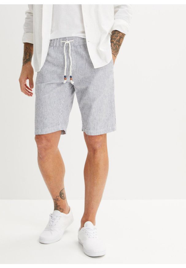 bonprix - Bermudy z przewiewnej mieszanki lnu, regular fit. Kolor: niebieski. Materiał: len. Wzór: paski