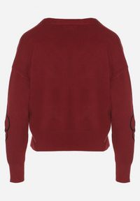 Born2be - Bordowy Kardigan na Guziki w Haftowane Kwiaty Tustara. Okazja: na co dzień. Kolor: czerwony. Materiał: jeans. Wzór: kwiaty, haft. Styl: casual #3