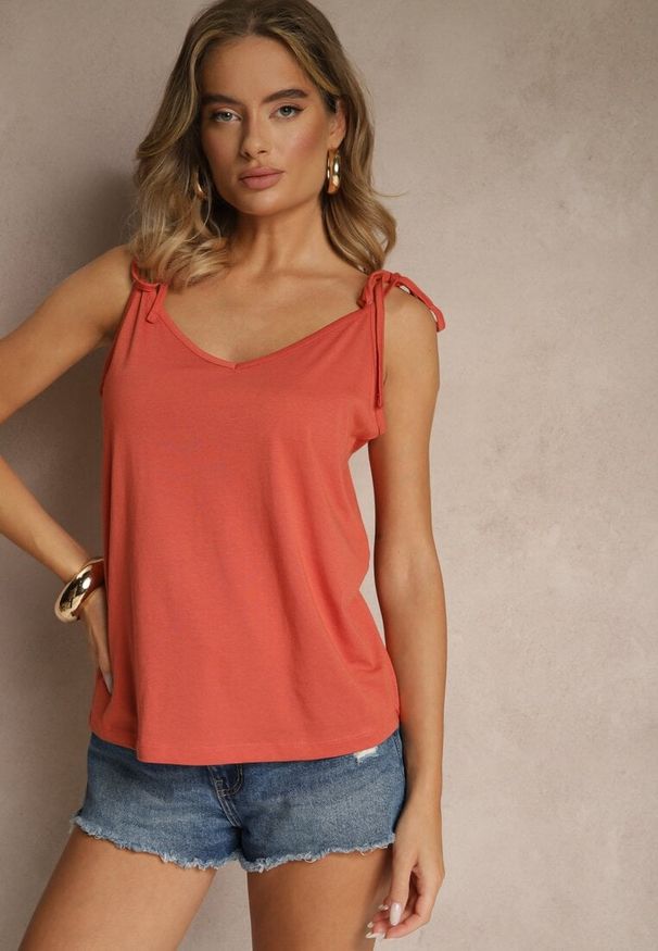 Renee - Pomarańczowy Top z Bawełną i Modalem z Wiązaniem przy Ramiączkach Lileria. Okazja: na co dzień. Kolor: pomarańczowy. Materiał: bawełna. Długość rękawa: na ramiączkach. Styl: wizytowy, casual