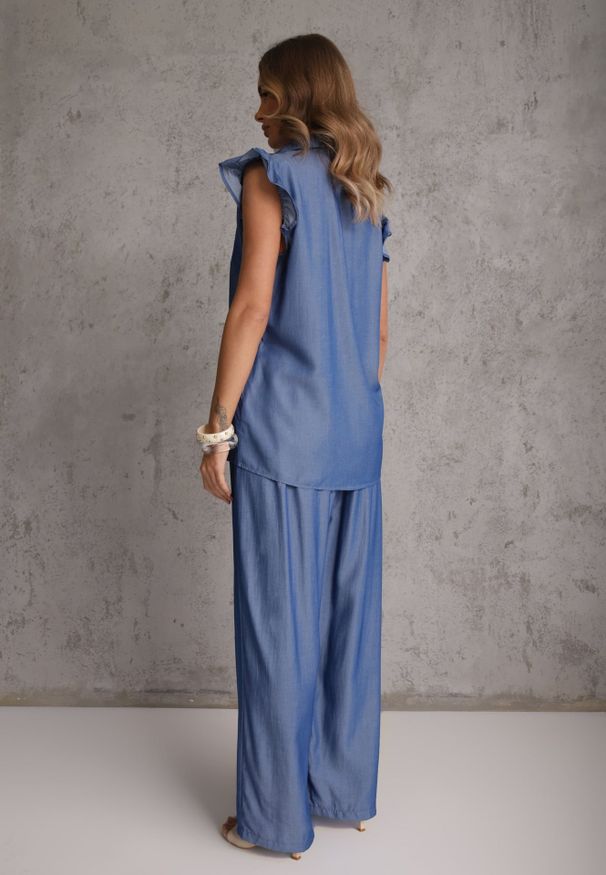 Renee - Niebieski Komplet z Wiskozą Bluzka z Kołnierzem i Spodnie Wide Leg Naunne. Kolor: niebieski. Materiał: wiskoza