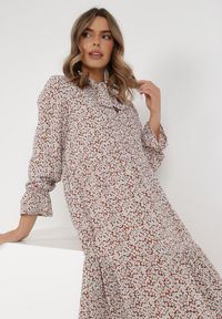 Born2be - Brązowo-Biała Sukienka Elime. Kolor: biały. Wzór: aplikacja, kwiaty. Długość: maxi #4