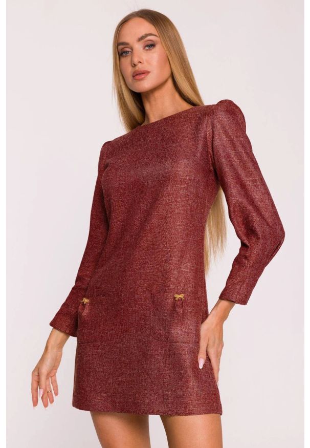 MOE - Elegancka sukienka tweedowa trapezowa mini bordowa. Kolor: szary, czerwony, różowy, czarny. Typ sukienki: trapezowe. Styl: elegancki. Długość: mini