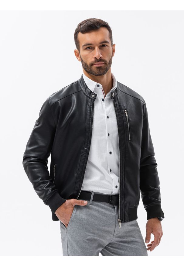 Ombre Clothing - Kurtka męska z imitacji skóry ze ściągaczem na dole - czarna V2 - Rozmiar: XL. Kolor: czarny. Materiał: skóra