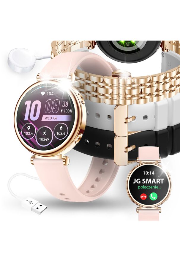 Smartwatch JG Smart SMARTWATCH DAMSKI ZEGAREK MENU PL ROZMOWY PIĘKNA BRANSOLETA ZŁOTY + 4 PASKI. Rodzaj zegarka: smartwatch. Kolor: złoty
