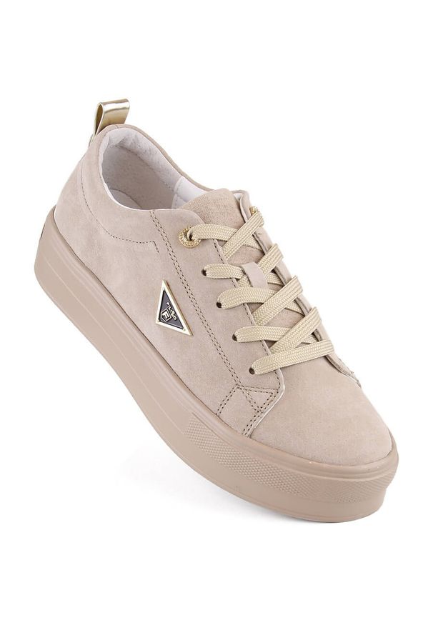 Skórzane zamszowe półbuty damskie na platformie beżowe Filippo DP3533. Kolor: beżowy. Materiał: skóra. Obcas: na platformie. Styl: elegancki