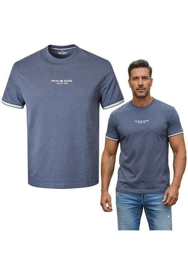 Klasyczny T-Shirt z Logo - Pako Jeans - Stalowo-Niebieski. Okazja: na co dzień. Kolor: niebieski. Materiał: bawełna. Wzór: nadruk. Styl: klasyczny