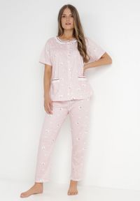Born2be - Jasnoróżowy Komplet Piżamowy Womley. Kolor: różowy. Materiał: bawełna, tkanina, koronka. Długość: długie. Wzór: kwiaty, nadruk #5
