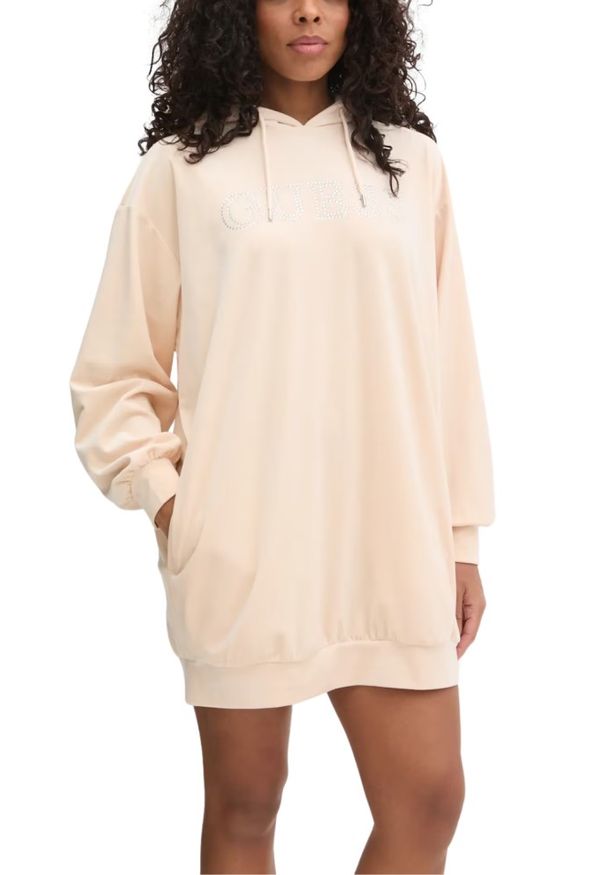 Guess - GUESS Beżowa damska długa welurowa bluza Couture, Rozmiar S. Kolor: beżowy. Materiał: welur. Długość: długie