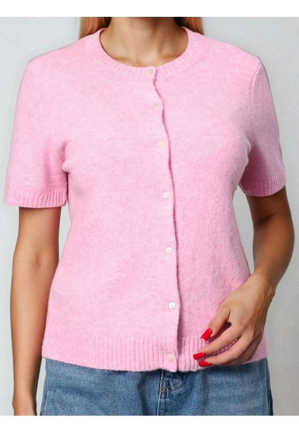 Sinsay - Kardigan z krótkim rękawem z domieszką wełny - różowy. Kolor: różowy. Materiał: wełna. Długość rękawa: krótki rękaw. Długość: krótkie