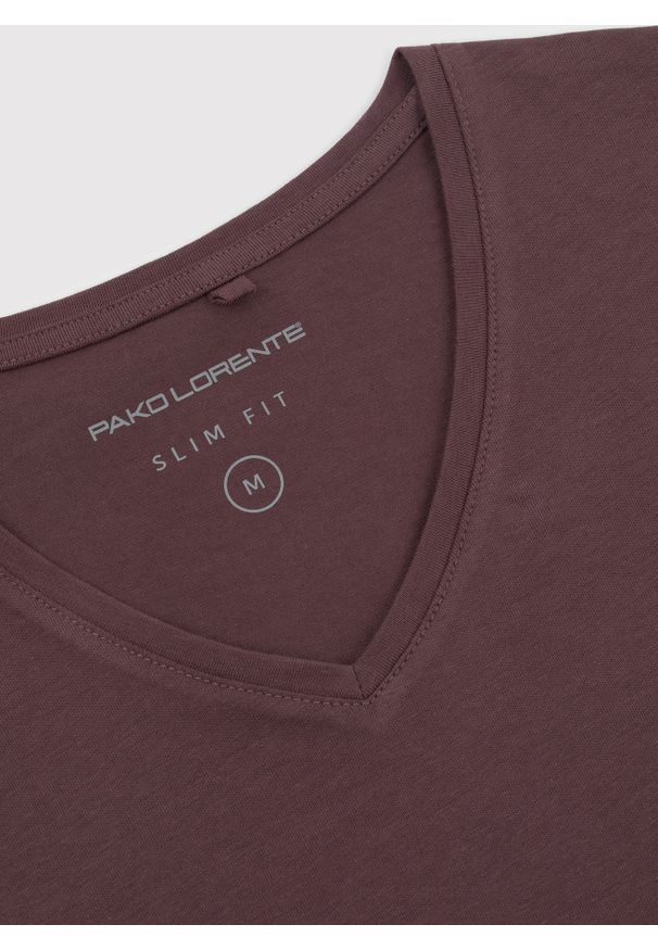 Pako Lorente - PAKO LORENTE – Bordowy gładki t-shirt v-neck. Kolor: czerwony, brązowy. Materiał: bawełna, elastan. Wzór: gładki
