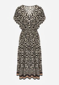 Renee - Czarno-Beżowa Sukienka z Bawełny z Trójkątnym Dekoltem i Gumką w Talii Zapinana na Guziki Lavlea. Okazja: na co dzień. Kolor: czarny. Materiał: bawełna. Długość rękawa: krótki rękaw. Sezon: lato. Typ sukienki: proste. Styl: casual, wizytowy #2