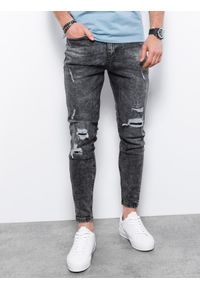 Ombre Clothing - Spodnie męskie jeansowe z dziurami SLIM FIT P1078 - szare - XXL. Kolor: szary. Materiał: jeans #5