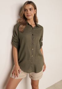 Born2be - Ciemnozielona Koszula Casual z Wiskozą i Lnem z Rękawami 3/4 Linyana. Okazja: na co dzień. Typ kołnierza: kołnierzyk klasyczny. Kolor: zielony. Materiał: wiskoza, len. Długość: długie. Styl: casual #1