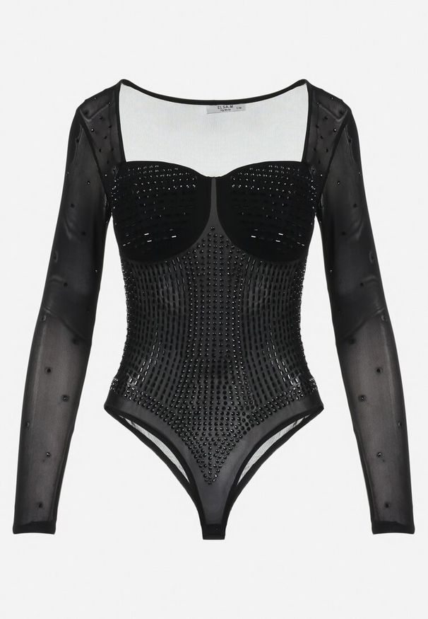 Born2be - Czarne Siateczkowe Body w Cyrkonie Motaxe. Kolor: czarny. Materiał: tkanina