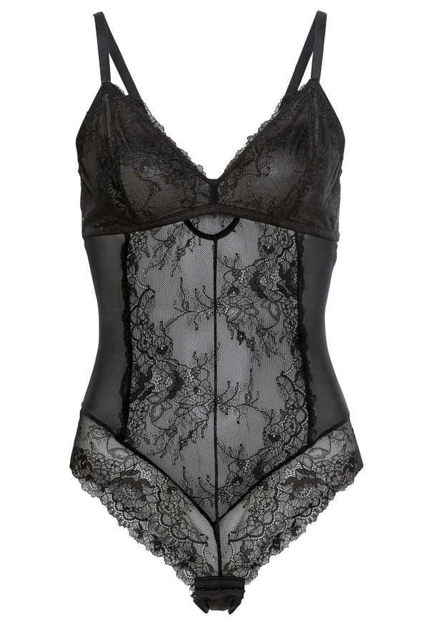 bonprix - Body bez fiszbinów. Kolor: czarny. Materiał: materiał, koronka. Wzór: koronka