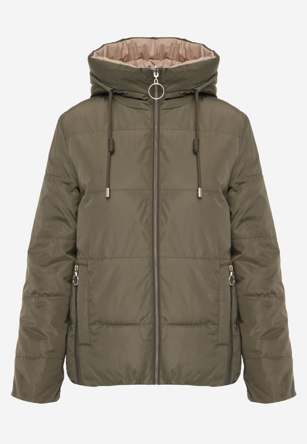 Renee - Ciemnozielona Pikowana Kurtka Dwustronna z Kapturem Ozdobiona Suwakami Nevetila. Okazja: na co dzień. Typ kołnierza: kaptur. Kolor: zielony. Materiał: jeans. Wzór: aplikacja. Styl: casual