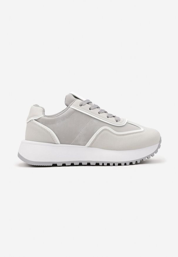Renee - Szare Sneakersy na Płaskiej Podeszwie Ozdobione Geometrycznym Wzorem Erimaraes. Okazja: na co dzień. Zapięcie: sznurówki. Kolor: szary. Materiał: jeans. Wzór: aplikacja, geometria. Sezon: wiosna. Obcas: na płaskiej podeszwie