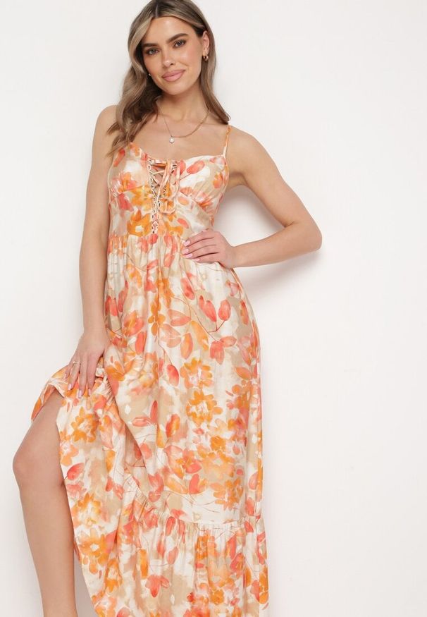 Born2be - Pomarańczowa Sukienka z Wiskozy i Bawełny Rozkloszowana w Kwiatowy Print z Ozdobnym Wiązaniem Wiama. Okazja: na co dzień. Kolor: pomarańczowy. Materiał: bawełna, wiskoza. Wzór: nadruk, kwiaty. Typ sukienki: rozkloszowane. Styl: casual, elegancki
