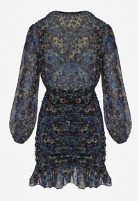 Renee - Czarno-Niebieska Kwiatowa Sukienka o Dopasowanym Kroju Ozdobiona Falbankami i Marszczeniem Mirilira. Okazja: na co dzień. Typ kołnierza: kołnierz z falbankami. Kolor: czarny. Materiał: zamsz. Wzór: kwiaty, aplikacja. Typ sukienki: dopasowane, proste. Styl: casual, elegancki #6