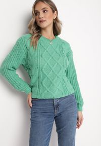 Born2be - Zielony Sweter z Ozdobnym Splotem Pogaria. Kolor: zielony. Wzór: ze splotem. Sezon: zima