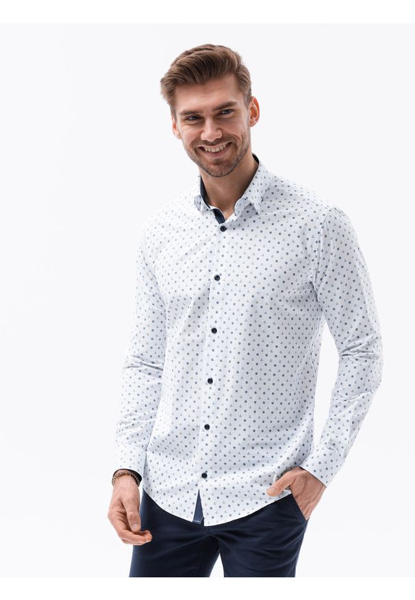 Ombre Clothing - Koszula męska w drobny wzór REGULAR FIT K314 - biała - XXL. Okazja: do pracy, na spotkanie biznesowe. Kolor: biały. Materiał: poliester, bawełna. Styl: klasyczny, biznesowy