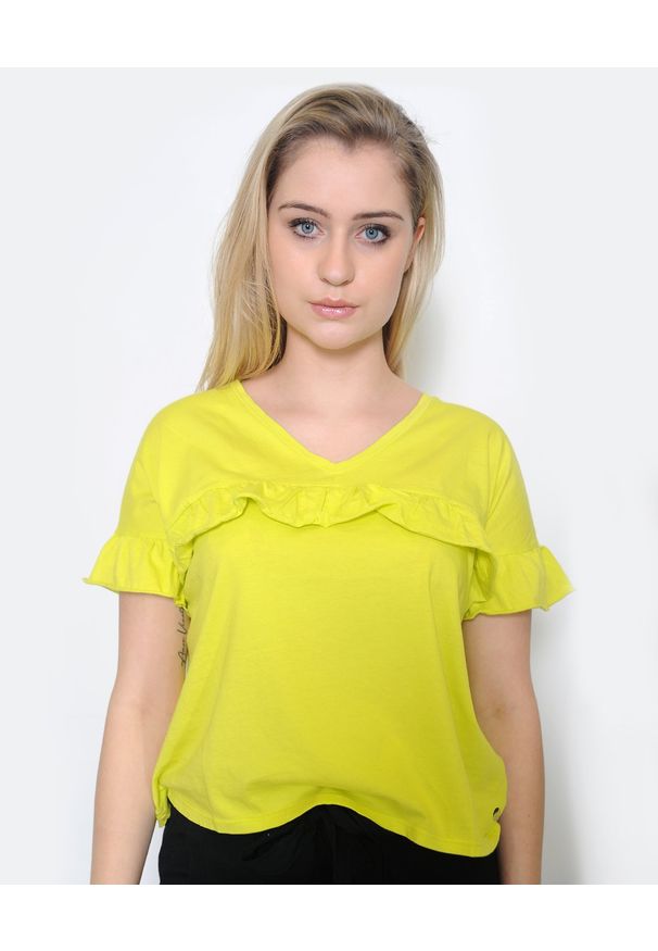 Deha - DEHA - Neonowy t-shirt z falbanką. Kolor: żółty. Materiał: bawełna. Sezon: wiosna