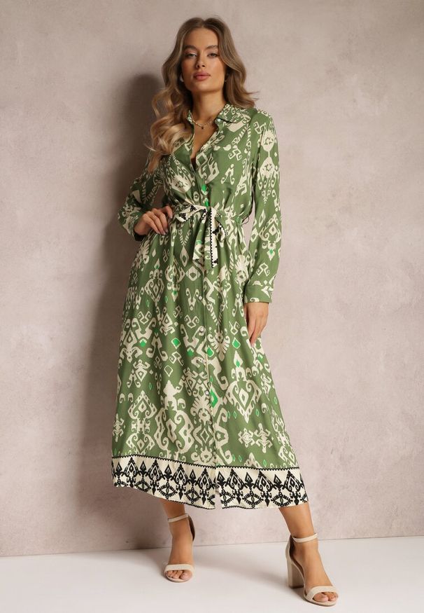 Renee - Zielona Sukienka Koszulowa Rozkloszowana z Wiązaniem Vern. Kolor: zielony. Materiał: tkanina. Typ sukienki: koszulowe