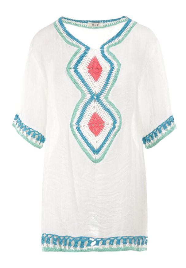 Born2be - Biała Tunika Tania. Kolor: biały. Materiał: tkanina, bawełna. Długość rękawa: krótki rękaw. Długość: krótkie. Wzór: aplikacja. Styl: klasyczny, boho