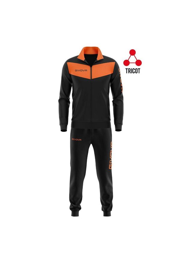 Dres piłkarski dla dorosłych Givova Tuta Visa Fluo czarno-pomarańczowy. Kolor: czarny, pomarańczowy, wielokolorowy. Materiał: poliester, dresówka. Sport: piłka nożna