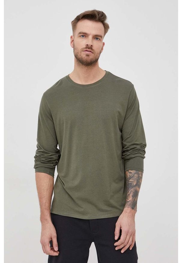 Resteröds longsleeve męski kolor zielony gładki. Kolor: zielony. Materiał: dzianina, włókno, bawełna. Długość rękawa: długi rękaw. Wzór: gładki