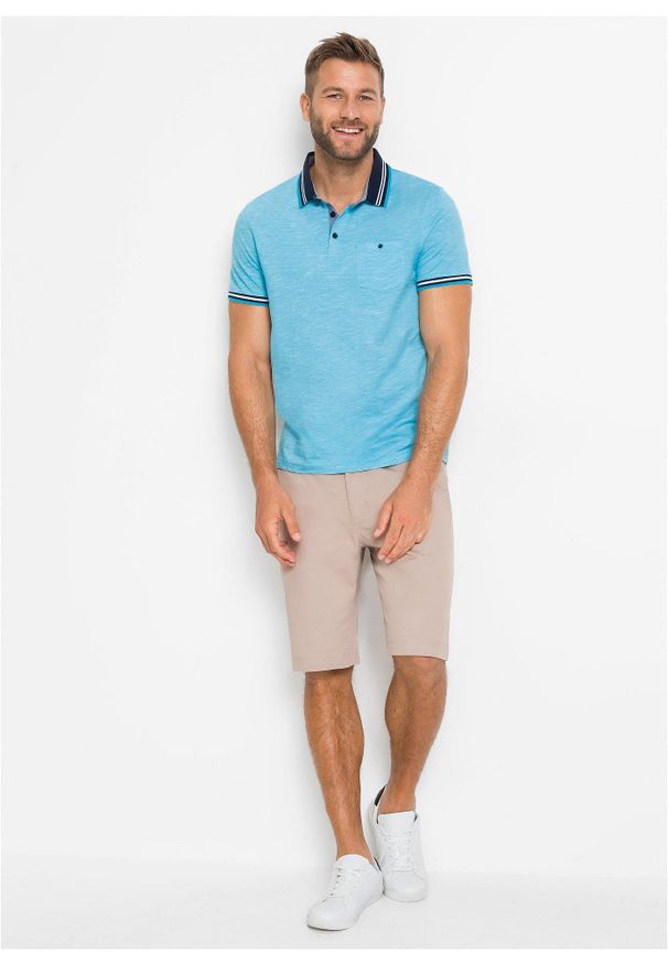 bonprix - Shirt polo z czystej bawełny. Typ kołnierza: polo. Kolor: niebieski. Materiał: bawełna. Długość rękawa: krótki rękaw. Długość: krótkie