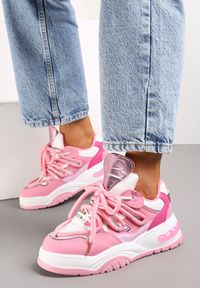 Renee - Różowe Sneakersy Ozdobione Kolorowymi i Metalicznymi Wstawkami na Grubej Podeszwie Oplevia. Kolor: różowy. Wzór: aplikacja, kolorowy #3