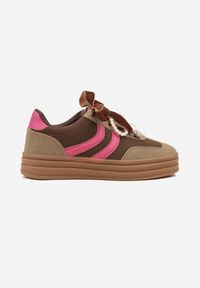 Renee - Brązowe Sneakersy Tenisówki na Tłoczonej Platformie Ozdobione Perłami Ashinne. Okazja: na co dzień. Kolor: brązowy. Wzór: aplikacja. Obcas: na platformie