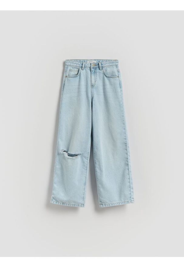 Reserved - Jeansy wide leg z przetarciem - niebieski. Kolor: niebieski