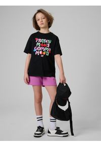 4f - 4F T-shirt loose z nadrukiem dziewczęcy - czarny 134/140 (8-10 lat). Okazja: na spacer, na co dzień, na uczelnię. Kolor: czarny. Materiał: dzianina, bawełna, skóra, materiał. Wzór: nadruk. Sezon: lato. Styl: casual #2