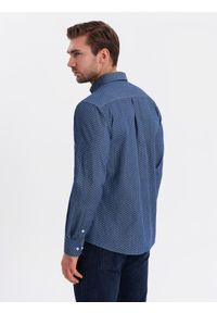 Ombre Clothing - Wzorzysta męska koszula z cienkiego jeansu z kieszonką – niebieska V2 - Rozmiar: XL. Okazja: na co dzień. Kolor: niebieski. Materiał: jeans. Wzór: gładki. Styl: klasyczny, casual #7