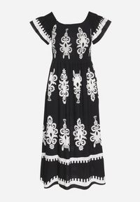 Born2be - Czarna Wiskozowa Sukienka w Ornamentalne Wzory o Rozkloszowanym Kroju Divessa. Kolor: czarny. Materiał: wiskoza. Długość rękawa: krótki rękaw. Typ sukienki: proste #2