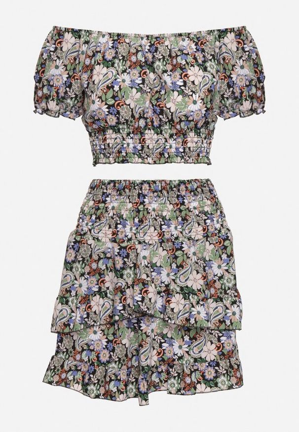 Born2be - Czarno-Fioletowy Komplet 2-Częściowy Bluzka Typu Hiszpanka Spódnica z Falbanką i Gumką w Talii Dimonna. Kolor: czarny