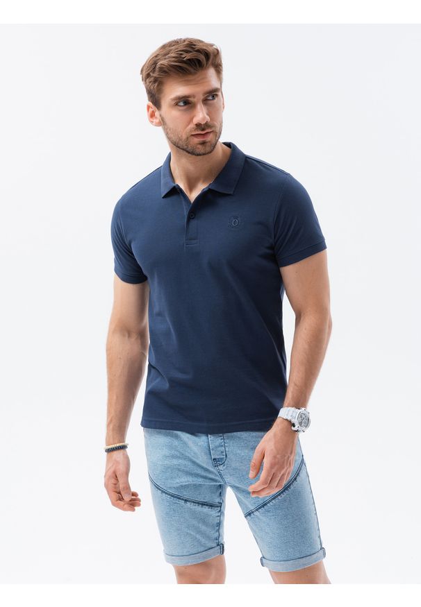 Ombre Clothing - Koszulka męska polo klasyczna bawełniana S1374 - granatowa - XXL. Typ kołnierza: polo. Kolor: niebieski. Materiał: bawełna. Wzór: haft. Styl: klasyczny
