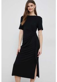 TOMMY HILFIGER - Tommy Hilfiger sukienka kolor czarny midi prosta. Okazja: na co dzień. Kolor: czarny. Materiał: włókno, dzianina. Długość rękawa: krótki rękaw. Typ sukienki: proste. Styl: casual. Długość: midi #1