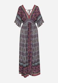 Born2be - Fioletowa Boho Sukienka z Szerokimi Rękawami z Gumką w Pasie i Wiązaniem na Plecach Piomina. Typ kołnierza: choker, dekolt w kształcie V. Kolor: fioletowy. Wzór: aplikacja. Styl: boho #5