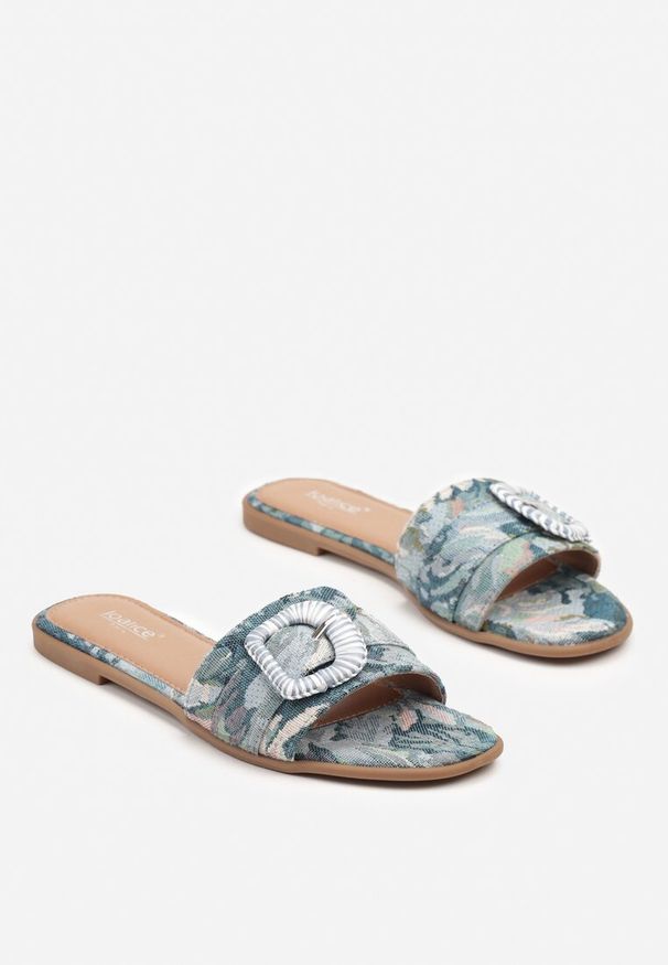 Born2be - Niebieskie Klapki z Ozdobną Klamrą Katilissa. Okazja: na co dzień. Kolor: niebieski. Materiał: len. Sezon: lato. Styl: casual