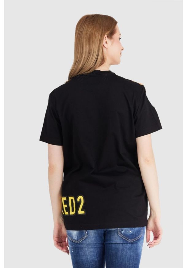 DSQUARED2 Czarny t-shirt damski z tygrysem, Rozmiar L. Kolor: czarny. Materiał: bawełna, prążkowany. Wzór: nadruk