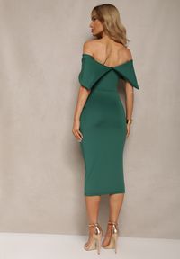 Renee - Zielona Elegancka Sukienka Koktajlowa Hiszpanka o Dopasowanym Kroju Nuelia. Typ kołnierza: dekolt hiszpanka. Kolor: zielony. Materiał: dzianina. Sezon: lato. Styl: wizytowy, elegancki #5