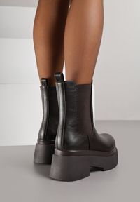 Renee - Brązowe Botki Sztyblety na Platformie Tevirka. Zapięcie: pasek. Kolor: brązowy. Materiał: satyna, jeans. Obcas: na platformie #6